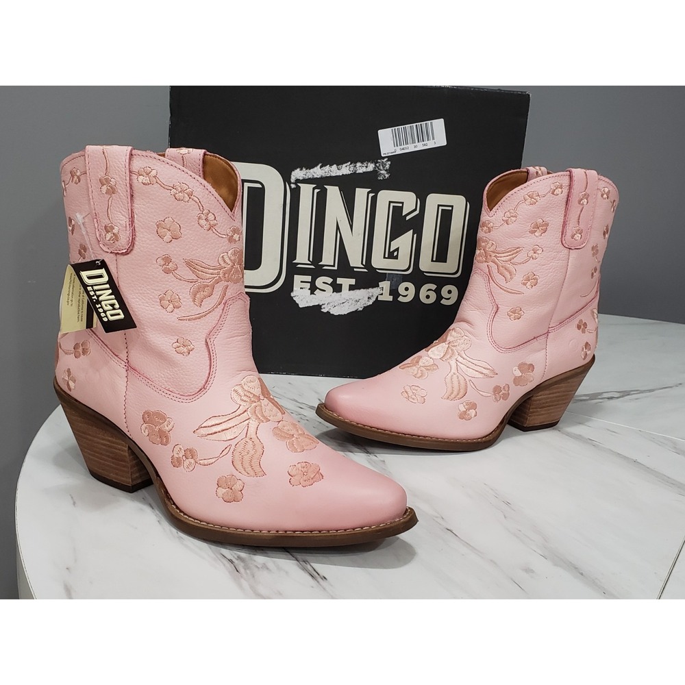 NEW Dingo SZ 6 Sweetheart Floral Embroidered Snip Toe Pull On Cowboy Boots PINK